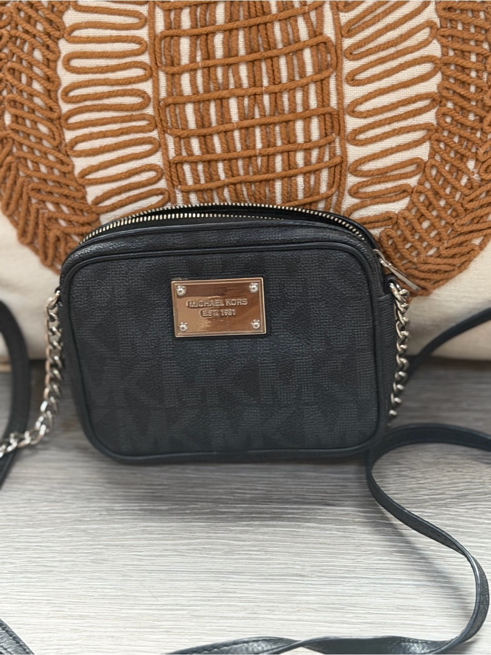 Michael Kors Black Logo Crossbody with Gold Plaque